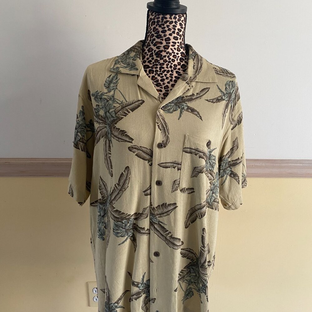 Geoffrey Beene Men's Tan Black Silk Blend Floral Hawaiian Shirt Size M